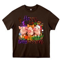 Chocolate Brown Happy Hallothanksmas Pigs Heavy Core Tee - NancyCooperArtShop