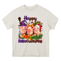 Cream Happy Hallothanksmas Pigs Heavy Core Tee - NancyCooperArtShop