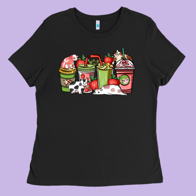 Cow And Strawberry Coffee Cups Ladies Tee Designed By Nancycooperartshop