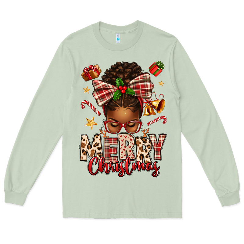 Merry Christmas Afro Messy Bun Long Sleeve Tee by texasbilliewilder | Teevron