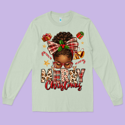 Merry Christmas Afro Messy Bun Long Sleeve Tee Designed By Texasbilliewilder