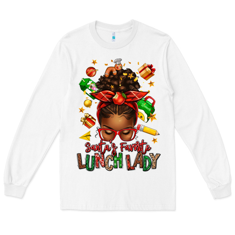 Santas Favorite Lunch Lady Afro Messy Bun Long Sleeve Tee by texasbilliewilder | Teevron