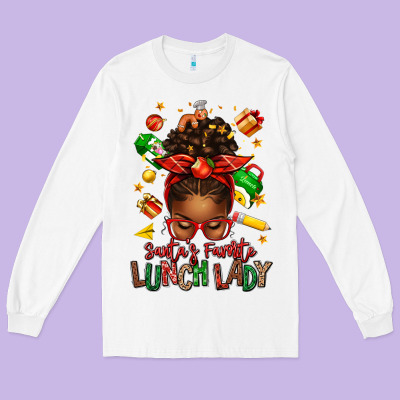 Santas Favorite Lunch Lady Afro Messy Bun Long Sleeve Tee Designed By Texasbilliewilder