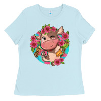 Baby Blue cute cow pink flowers and leopard pattern Ladies Tee - NancyCooperArtShop