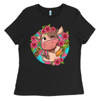 Cute Cow Pink Flowers And Leopard Pattern Ladies Tee | Teevron