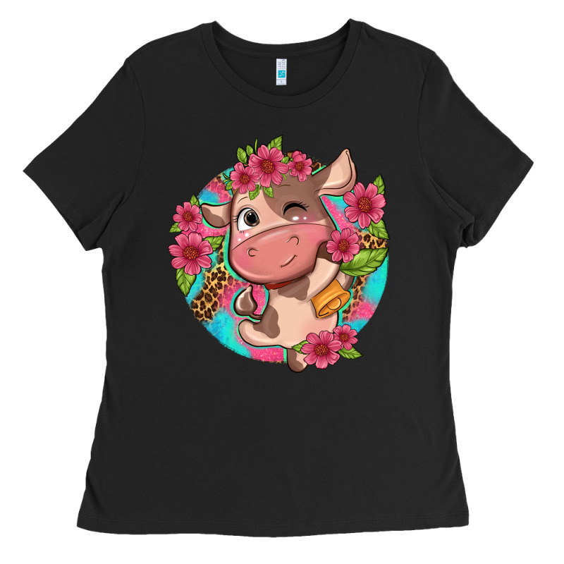 Cute Cow Pink Flowers And Leopard Pattern Ladies Tee by NancyCooperArtShop | Teevron