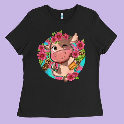 Cute Cow Pink Flowers And Leopard Pattern Ladies Tee Designed By Nancycooperartshop