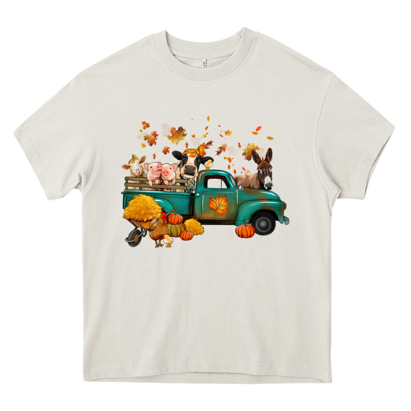 Fall Farm Animals Truck Nancy Heavy Core Tee by NancyCooperArtShop | Teevron