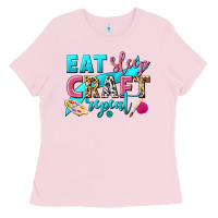 Bubblegum Pink eat sleep craft repeat Ladies Tee - NancyCooperArtShop