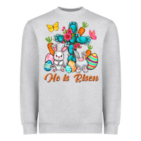 Heather Grey He is risen with Cross Easter Day Heavyweight Sweatshirt - HowdyJamesFarm