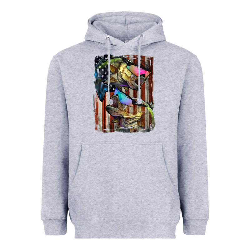 American Flag With Bass Fish Heavyweight Hoodie by LillyAllenDesigns | Teevron