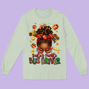 Santas Favorite School Bus Driver Afro Messy Bun Long Sleeve Tee Designed By Texasbilliewilder