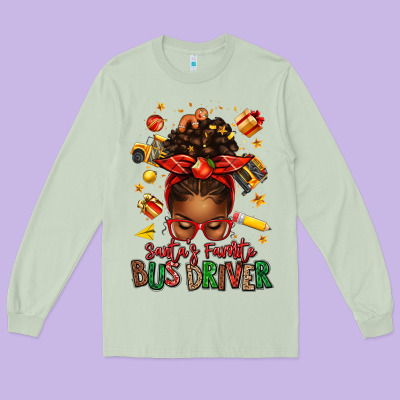 Santas Favorite School Bus Driver Afro Messy Bun Long Sleeve Tee Designed By Texasbilliewilder