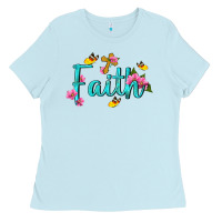 Baby Blue faith with flower and butterfly Ladies Tee - NancyCooperArtShop