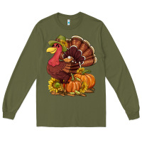 Army Green Thanksgiving turkey with pumpkin and sunflower Long Sleeve Tee - NancyCooperArtShop