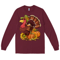 Burgundy Thanksgiving turkey with pumpkin and sunflower Long Sleeve Tee - NancyCooperArtShop