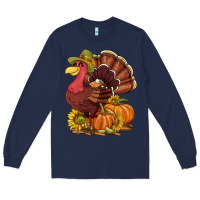 Navy Thanksgiving turkey with pumpkin and sunflower Long Sleeve Tee - NancyCooperArtShop