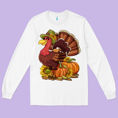 Thanksgiving Turkey With Pumpkin And Sunflower Long Sleeve Tee Designed By Nancycooperartshop