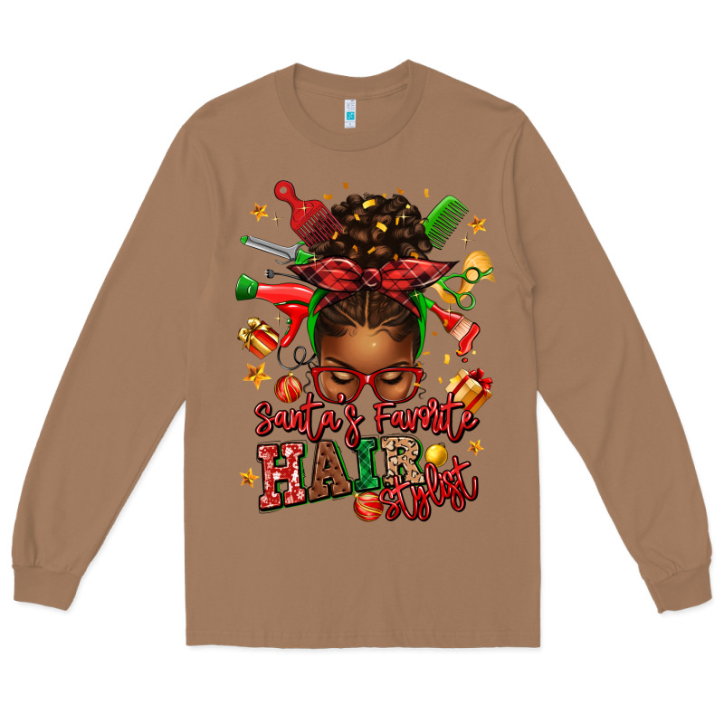 Santas Favorite Hair Stylist Afro Messy Bun Long Sleeve Tee by texasbilliewilder | Teevron