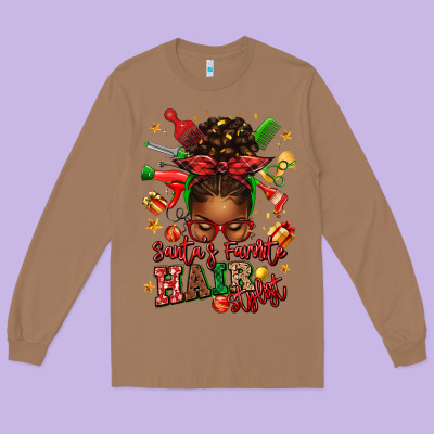 Santas Favorite Hair Stylist Afro Messy Bun Long Sleeve Tee Designed By Texasbilliewilder