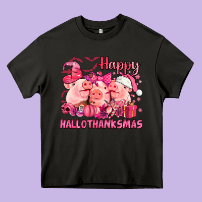 Happy Hallothanksmas Pigs Pink Heavy Core Tee Designed By Nancycooperartshop