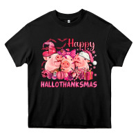 Black Happy Hallothanksmas Pigs pink Heavy Core Tee - NancyCooperArtShop
