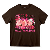 Chocolate Brown Happy Hallothanksmas Pigs pink Heavy Core Tee - NancyCooperArtShop