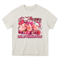 Cream Happy Hallothanksmas Pigs pink Heavy Core Tee - NancyCooperArtShop