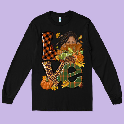 Love Fall With Afro Woman Long Sleeve Tee Designed By Nancycooperartshop