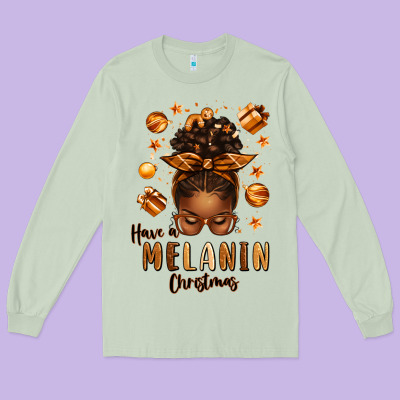 Have A Melanin Christmas Afro Messy Bun Long Sleeve Tee Designed By Texasbilliewilder