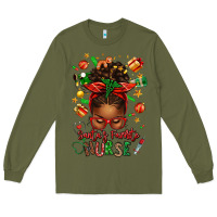 Army Green santa's favorite nurse afro messy bun Long Sleeve Tee - texasbilliewilder