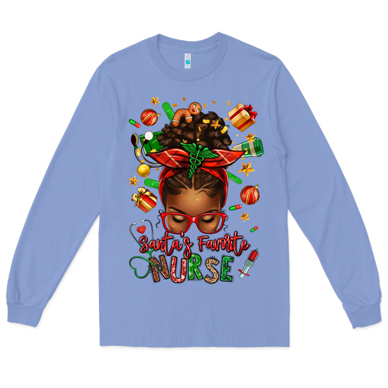 Santa's Favorite Nurse Afro Messy Bun Long Sleeve Tee by texasbilliewilder | Teevron