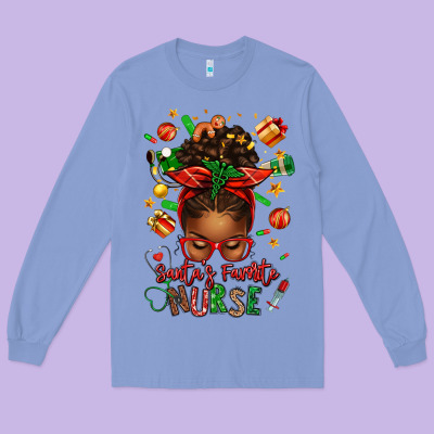 Santa's Favorite Nurse Afro Messy Bun Long Sleeve Tee Designed By Texasbilliewilder