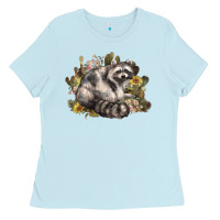 Baby Blue floral racoon western Ladies Tee - NancyCooperArtShop