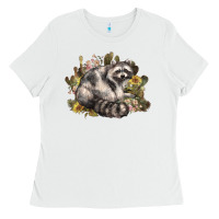 White floral racoon western Ladies Tee - NancyCooperArtShop