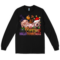Black Happy Hallothanksmas Pigs Long Sleeve Tee - NancyCooperArtShop