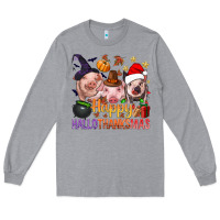 Heather Grey Happy Hallothanksmas Pigs Long Sleeve Tee - NancyCooperArtShop