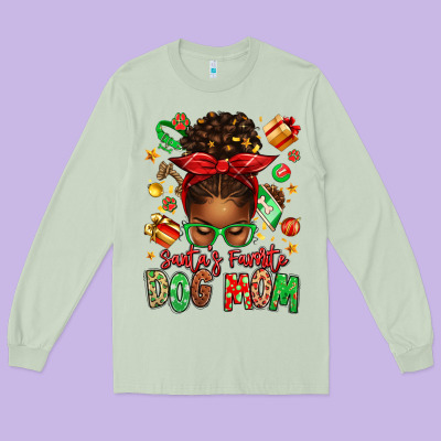 Santas Favorite Dog Mom Afro Messy Bun Long Sleeve Tee Designed By Texasbilliewilder