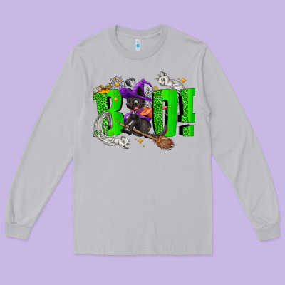 Boo! With Black Cat Halloween Long Sleeve Tee Designed By Nancycooperartshop