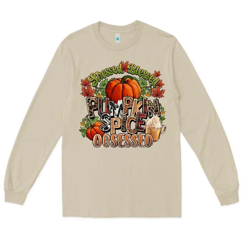 Stressed Blessed Pumpkin Spice Obsessed Fall Long Sleeve Tee by NancyCooperArtShop | Teevron
