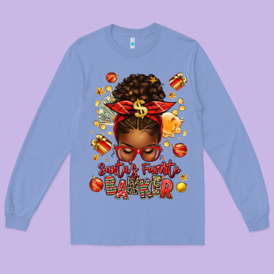 Santa Favorite Banker Afro Messy Bun Long Sleeve Tee Designed By Texasbilliewilder
