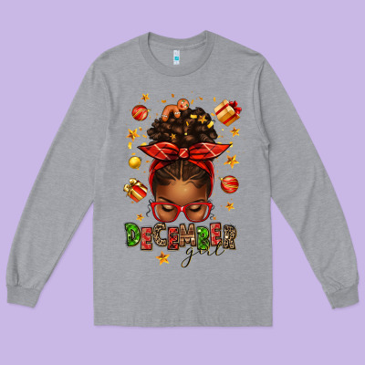 December Girl Christmas Afro Messy Bun Long Sleeve Tee Designed By Texasbilliewilder