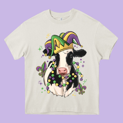 Mardi Gras Cow Heavy Core Tee Designed By Maliassmallbusiness