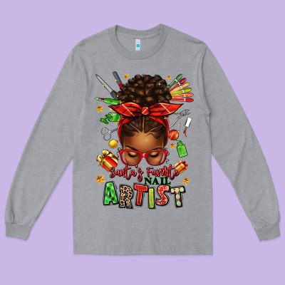 Santa's Favorite Nail Artist Afro Messy Bun Long Sleeve Tee Designed By Texasbilliewilder