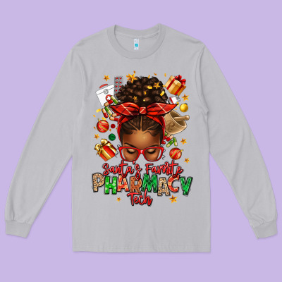 Santas Favorite Pharmacy Tech Afro Messy Bun Long Sleeve Tee Designed By Texasbilliewilder