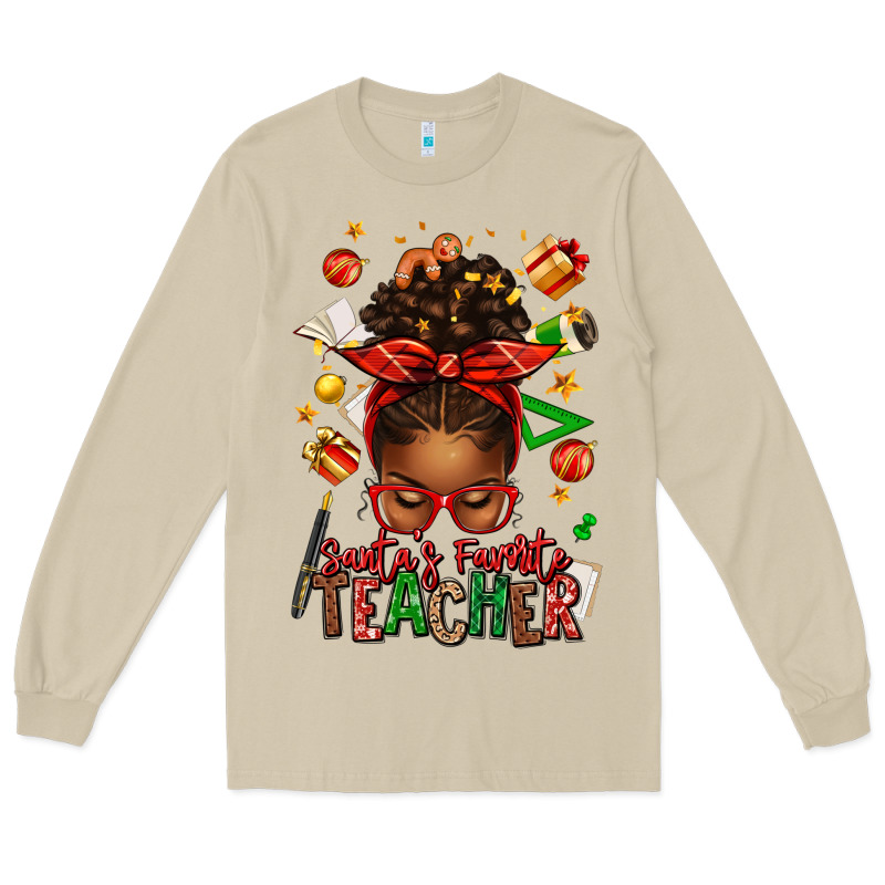 Santa's Favorite Teacher Afro Messy Bun Long Sleeve Tee by texasbilliewilder | Teevron