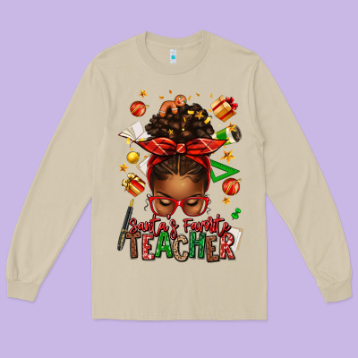 Santa's Favorite Teacher Afro Messy Bun Long Sleeve Tee Designed By Texasbilliewilder