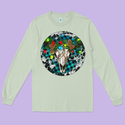 Bull Skull Christmas Long Sleeve Tee Designed By Ranaportraitstore