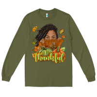 Army Green Thankful Fall with black girl Long Sleeve Tee - NancyCooperArtShop