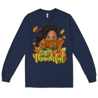 Navy Thankful Fall with black girl Long Sleeve Tee - NancyCooperArtShop